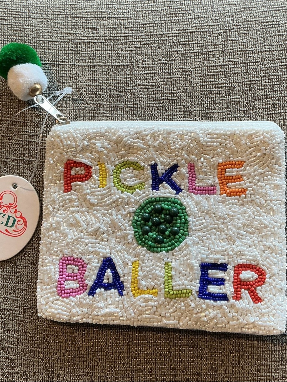 Beaded 'PICKLE BALLER' White Coin Purse with Green Accent